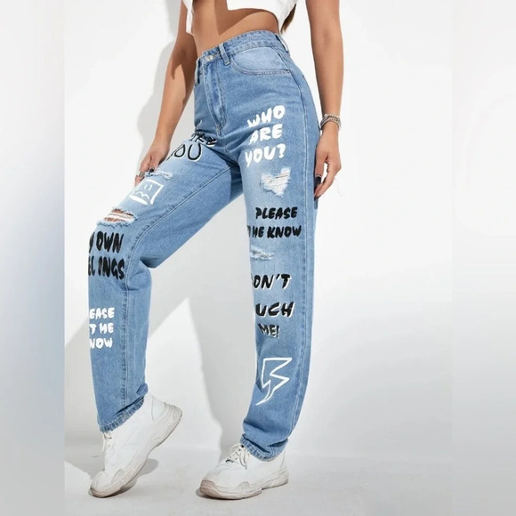 Shein Slogan Graphic Ripped Jeans Woman's Size XS - Picture 2 of 5